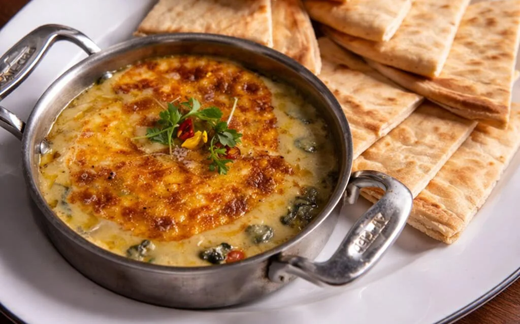 Close view of a baked dip in a steel pan with flatbread triangles